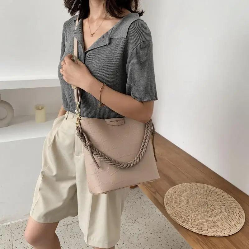Vintage Stone Pattern Bucket Shoulder Bag for Women Fashion Handbag