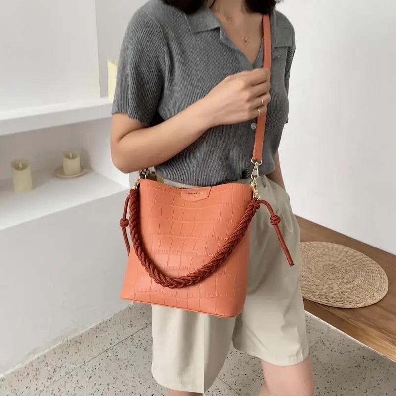 Vintage Stone Pattern Bucket Shoulder Bag for Women Fashion Handbag