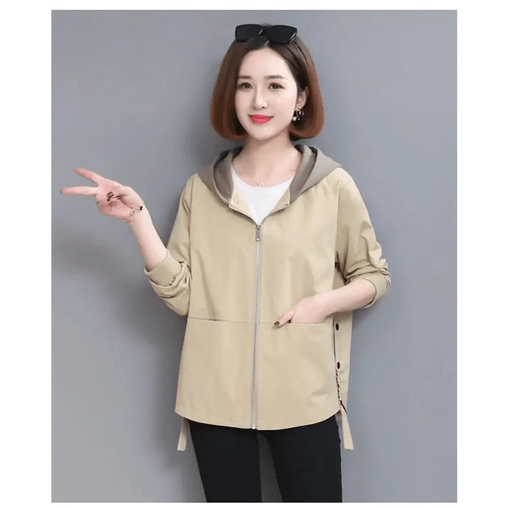 Vintage Style Women's Hooded Windbreaker Jacket with Zipper Pockets