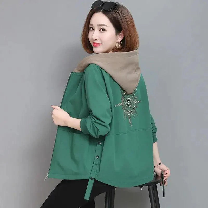 Vintage style women's long sleeve hooded windbreaker jacket with zipper pockets