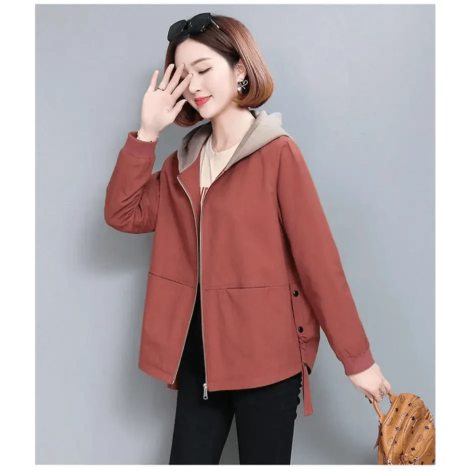 Vintage Style Women's Hooded Windbreaker Jacket with Zipper Pockets