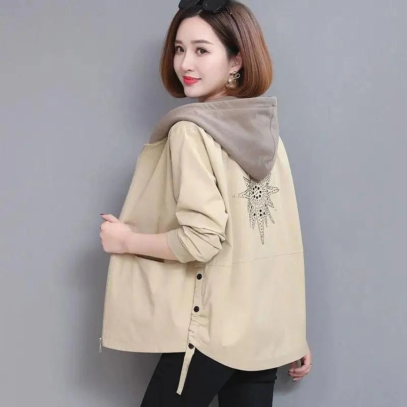 Vintage Style Women's Hooded Windbreaker Jacket with Zipper Pockets