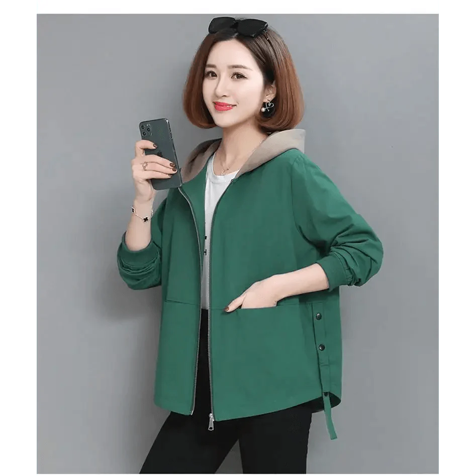 Vintage Style Women's Hooded Windbreaker Jacket with Zipper Pockets