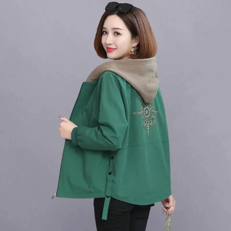 Vintage Style Women's Hooded Windbreaker Jacket with Zipper Pockets