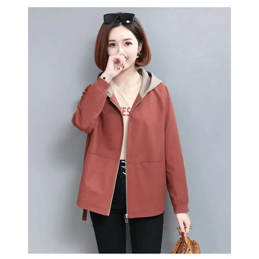 Vintage Style Women's Hooded Windbreaker Jacket with Zipper Pockets