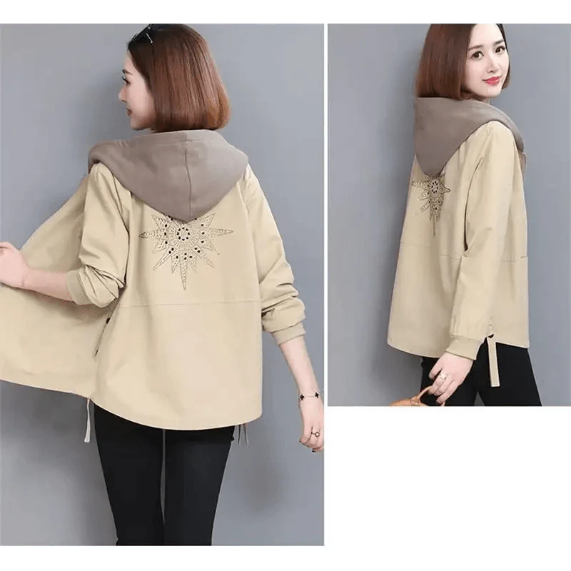 Vintage Style Women's Hooded Windbreaker Jacket with Zipper Pockets