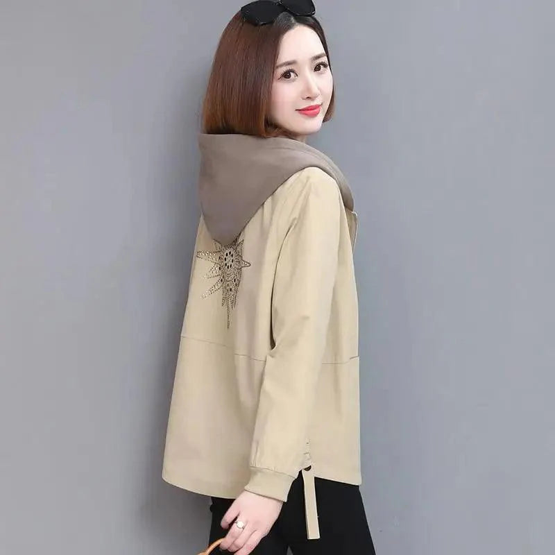 Vintage Style Women's Hooded Windbreaker Jacket with Zipper Pockets