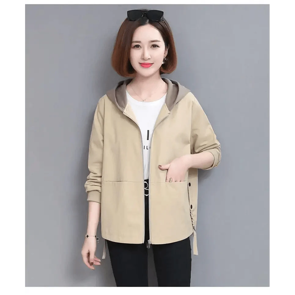Vintage Style Women's Hooded Windbreaker Jacket with Zipper Pockets