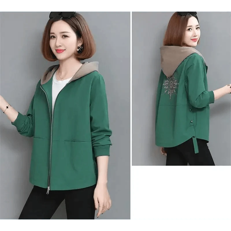 Vintage Style Women's Hooded Windbreaker Jacket with Zipper Pockets