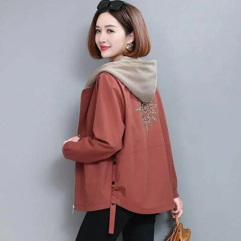 Vintage Style Women's Hooded Windbreaker Jacket with Zipper Pockets