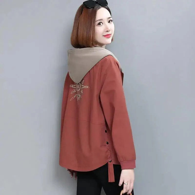 Vintage Style Women's Hooded Windbreaker Jacket with Zipper Pockets