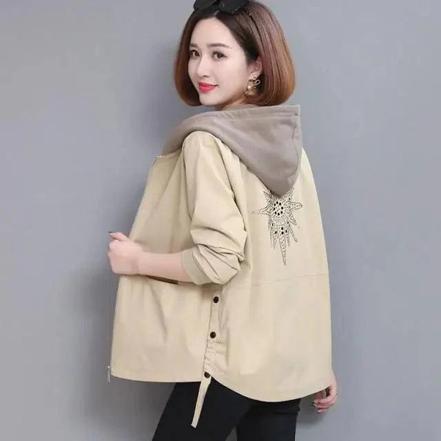Vintage Style Women's Hooded Windbreaker Jacket with Zipper Pockets