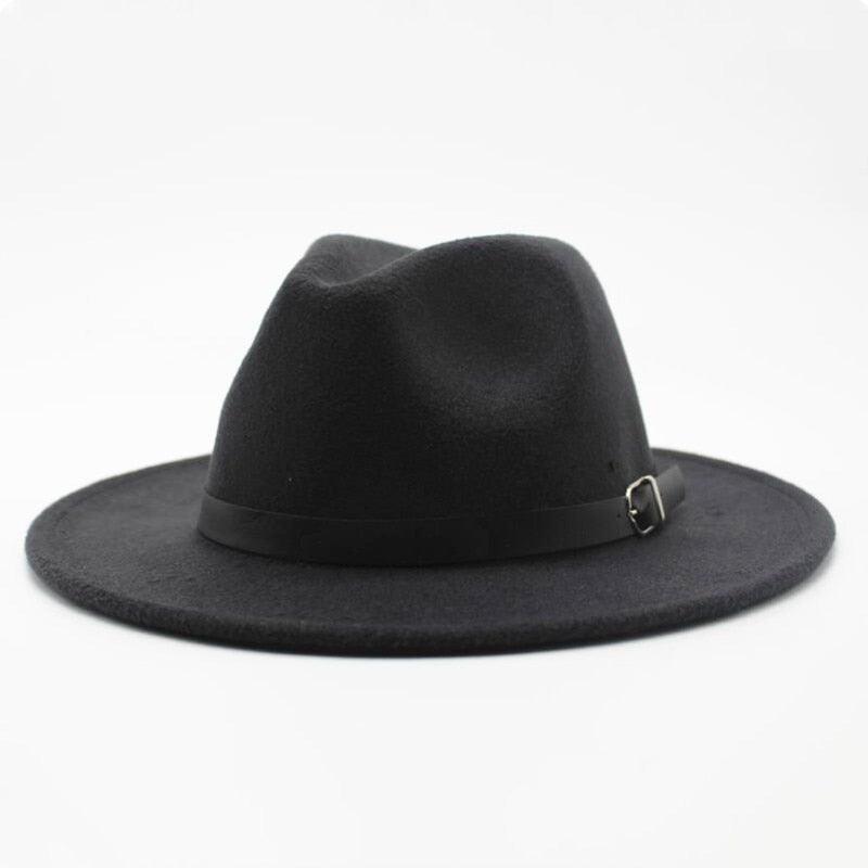 Vintage Wide Brim Fedora Hat with Buckle - Retro Wool Blend Cap