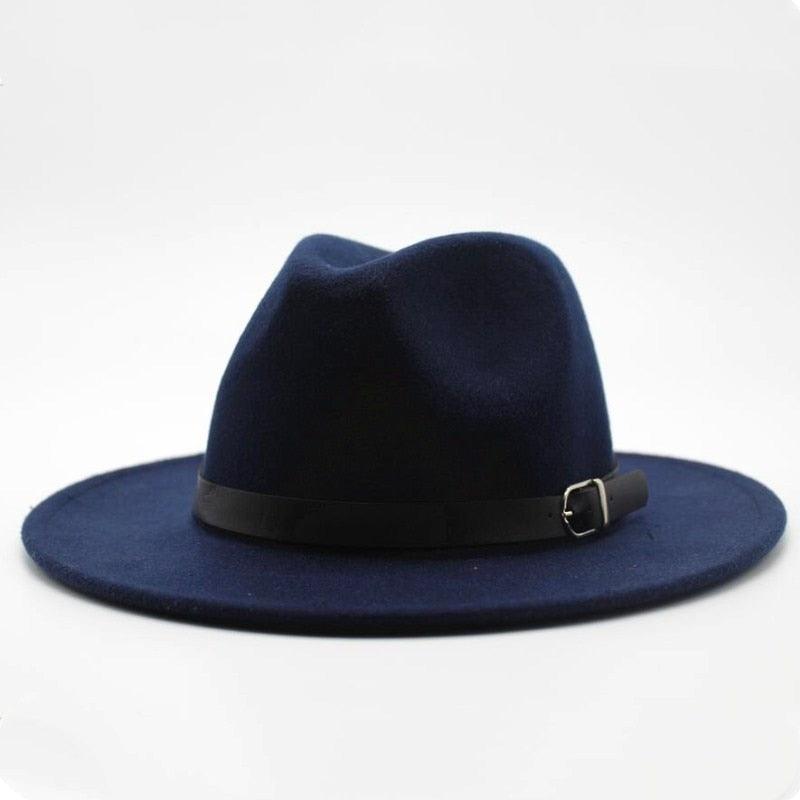 Vintage Wide Brim Fedora Hat with Buckle - Retro Wool Blend Cap