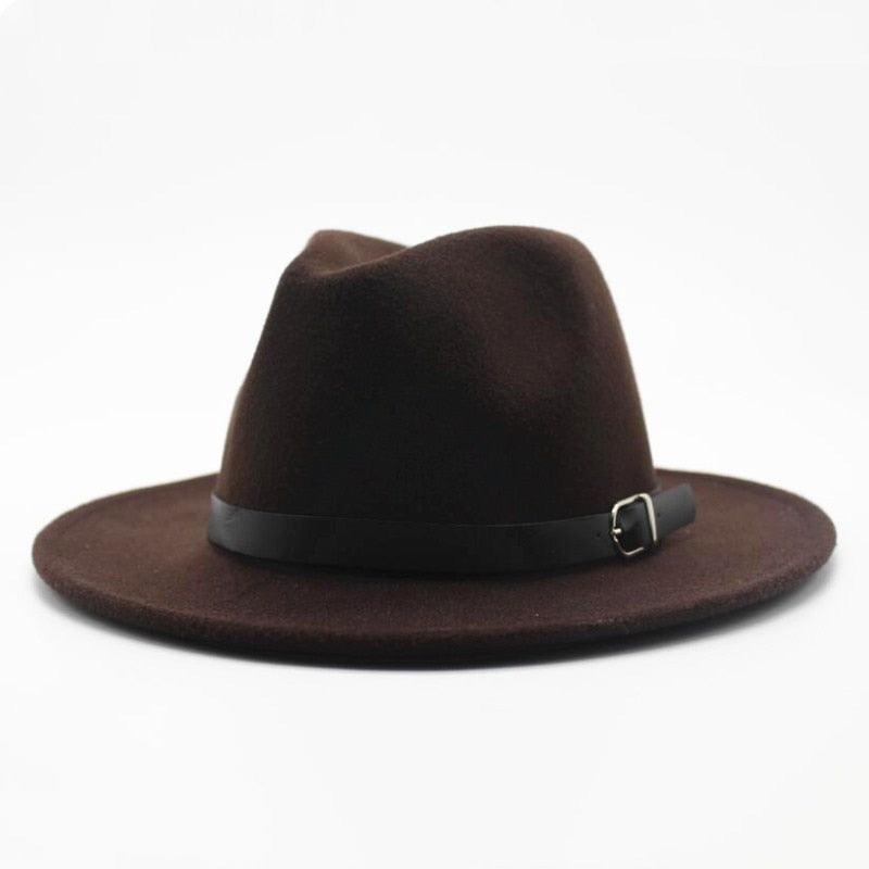 Vintage Wide Brim Fedora Hat with Buckle - Retro Wool Blend Cap
