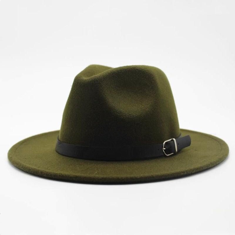 Classic vintage-style wide brim fedora hat with belt buckle detail in a neutral wool-blend fabric