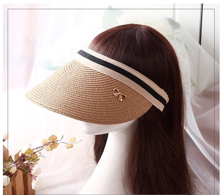 Vintage Straw Visor Hat with Bowknot - Open Top Beach Cap