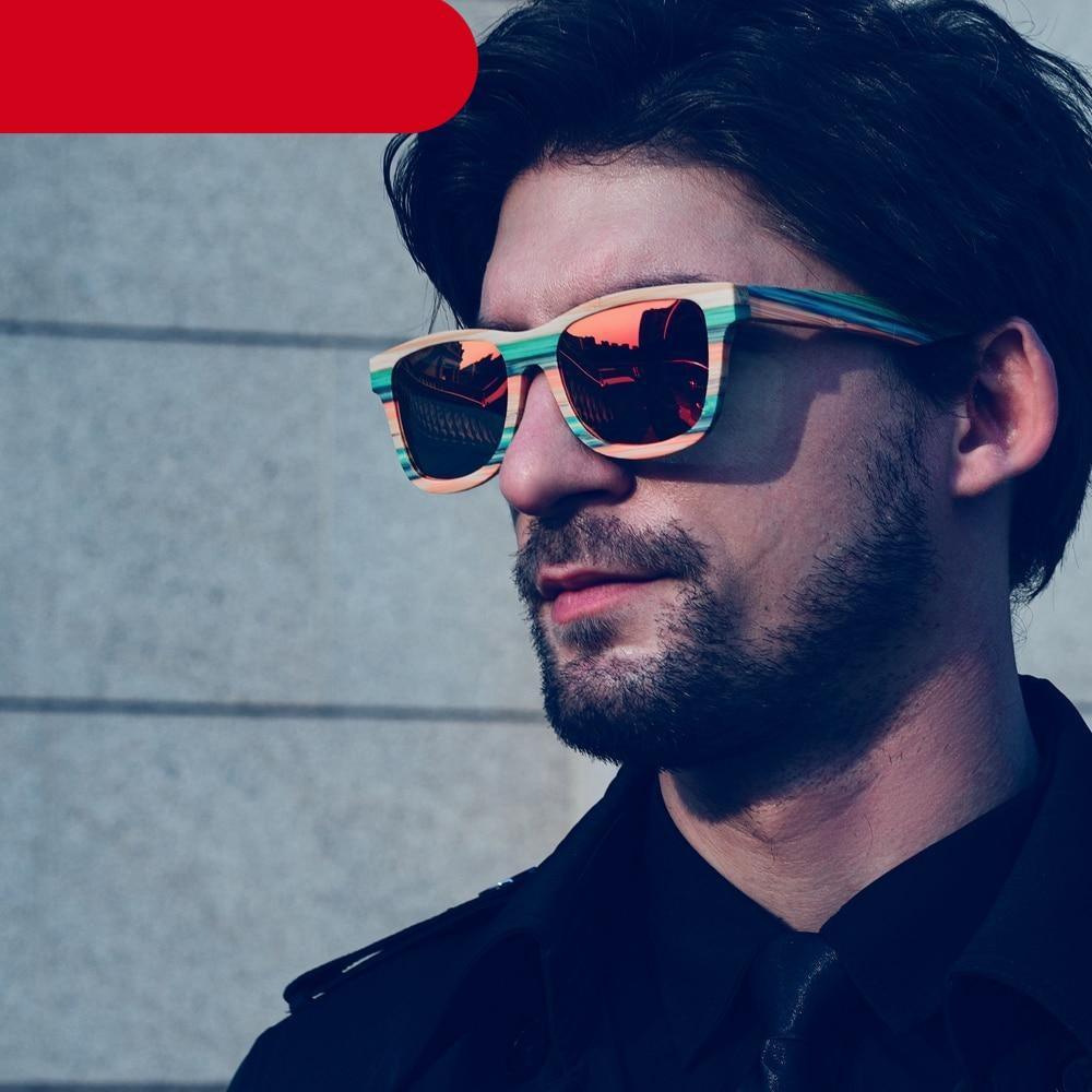 A pair of handmade polarized wooden sunglasses with a vintage frame design