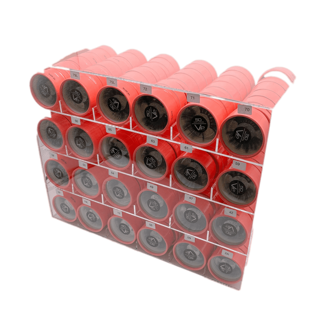 VIP 5D Mink Eyelashes collection featuring 24 styles on a professional display stand