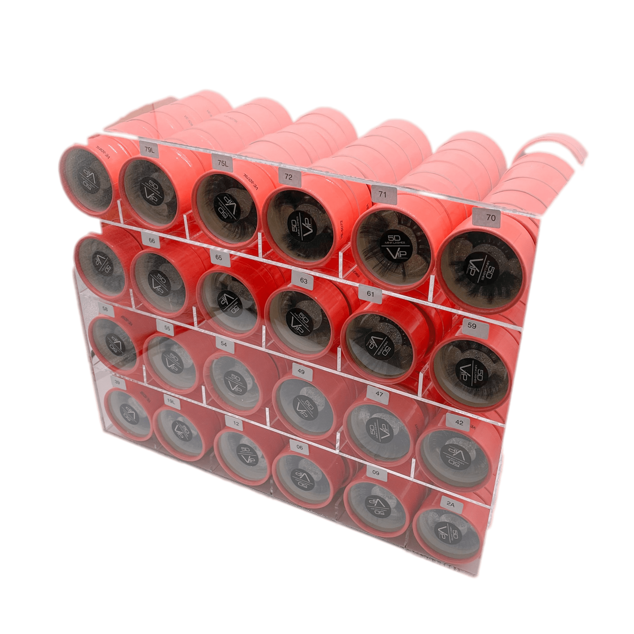 VIP 5D Mink Eyelashes collection featuring 24 styles on a professional display stand