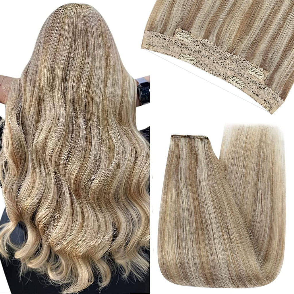 24-inch body wave halo hair extensions in highlighted blonde and brown lowlights with clip-in attachment