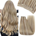 24-inch body wave halo hair extensions in highlighted blonde and brown lowlights with clip-in attachment