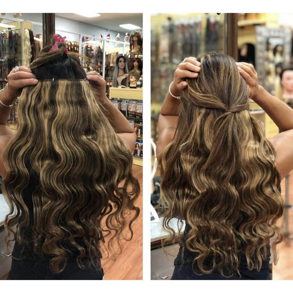 24" Body Wave Halo Hair Extensions with Clip, Highlighted Blonde