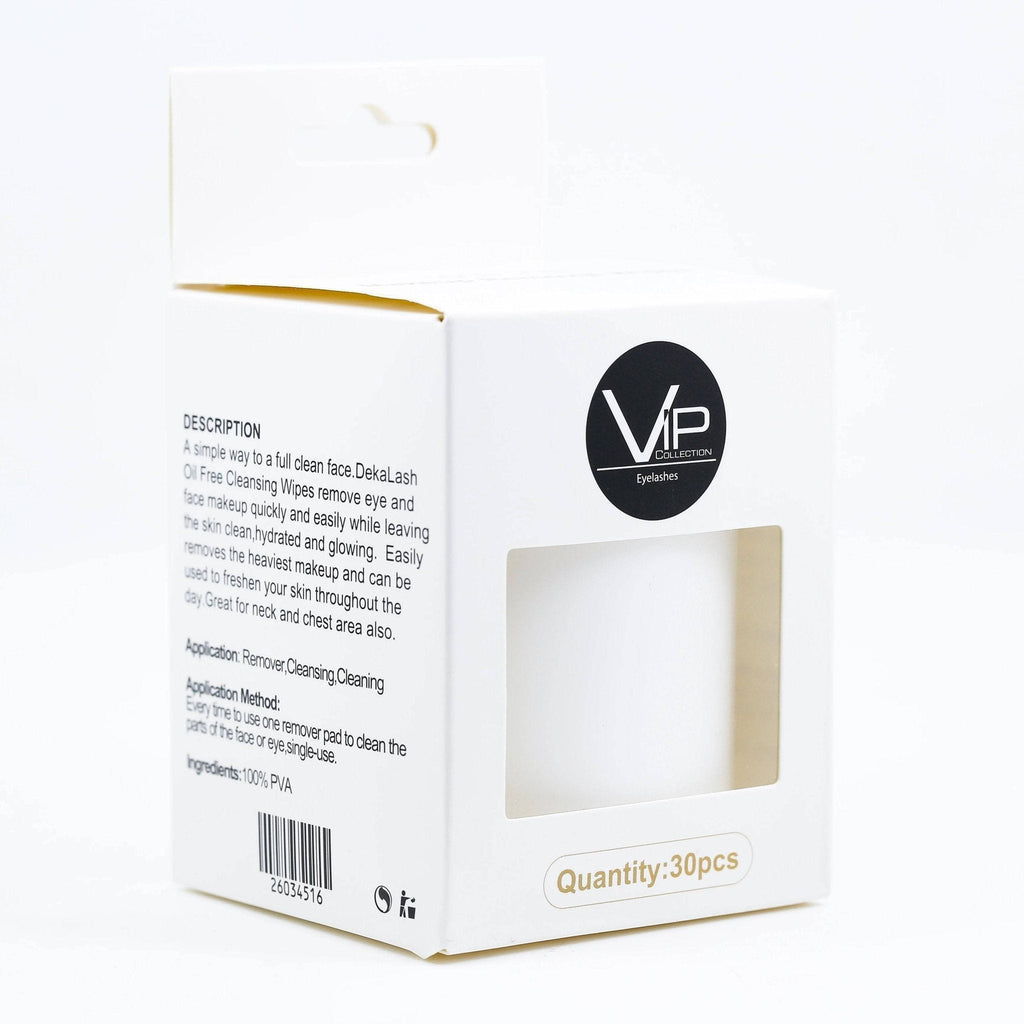 VIP Collection white oil-free eyelash cleansing cotton pads in 30 count packaging.