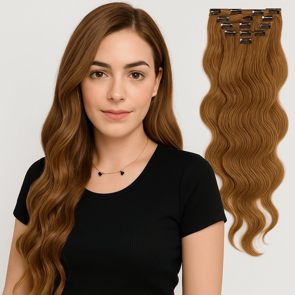 24-inch body wave clip-in extensions in light-brown and blonde-highlights with ClipeX system