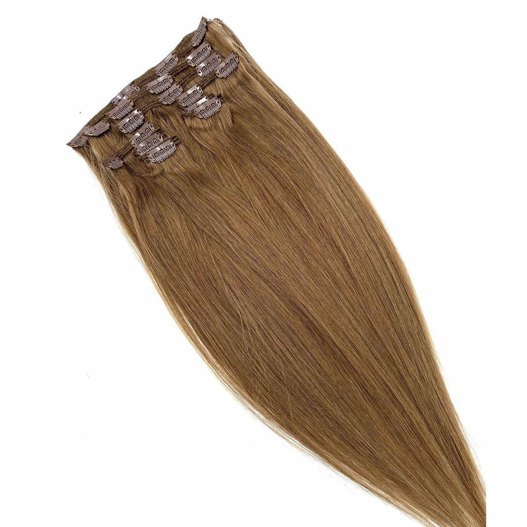 Woman wearing 18-inch silky straight blonde human hair clip-in extensions