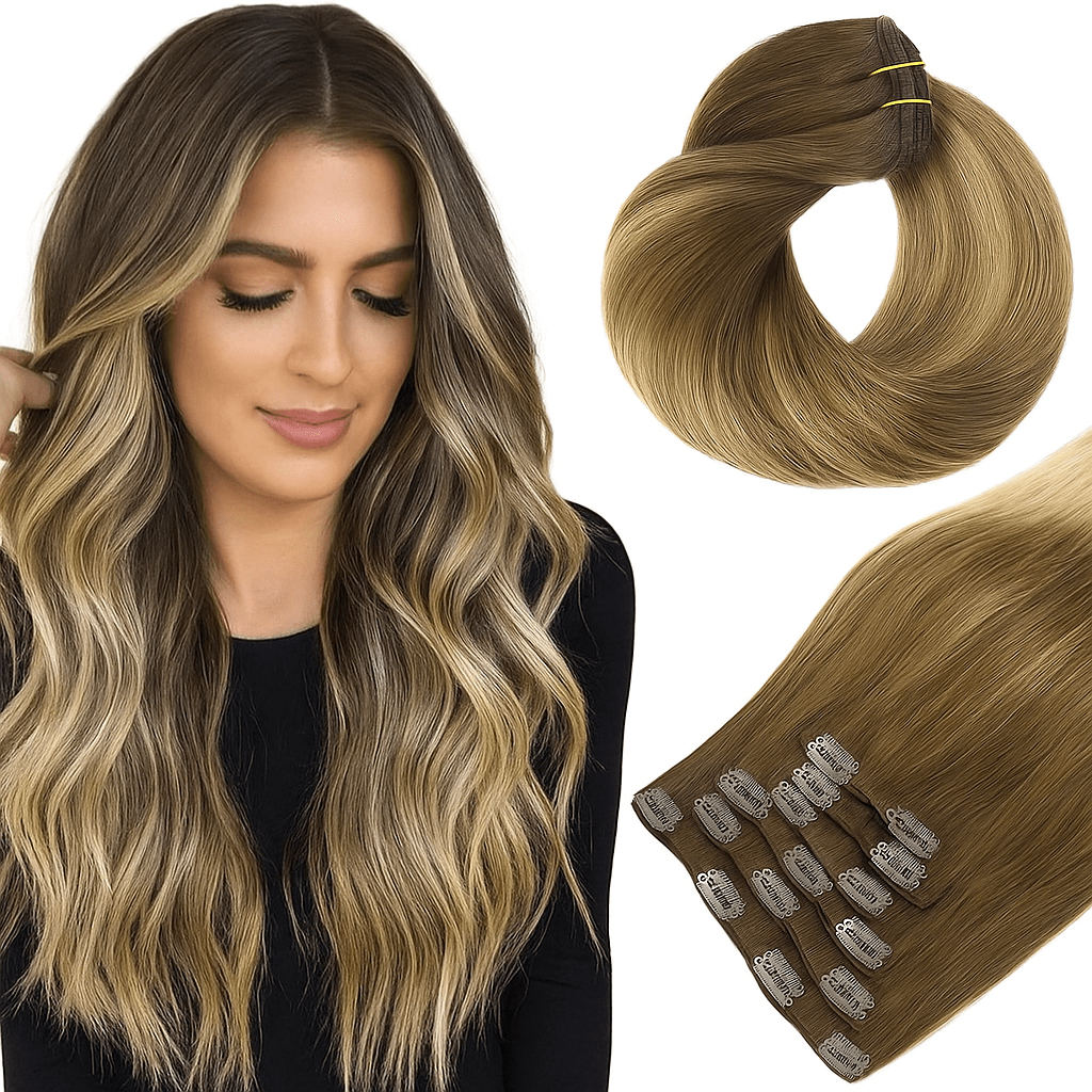 Woman wearing 24-inch long VIP clip-in human hair extensions for voluminous style