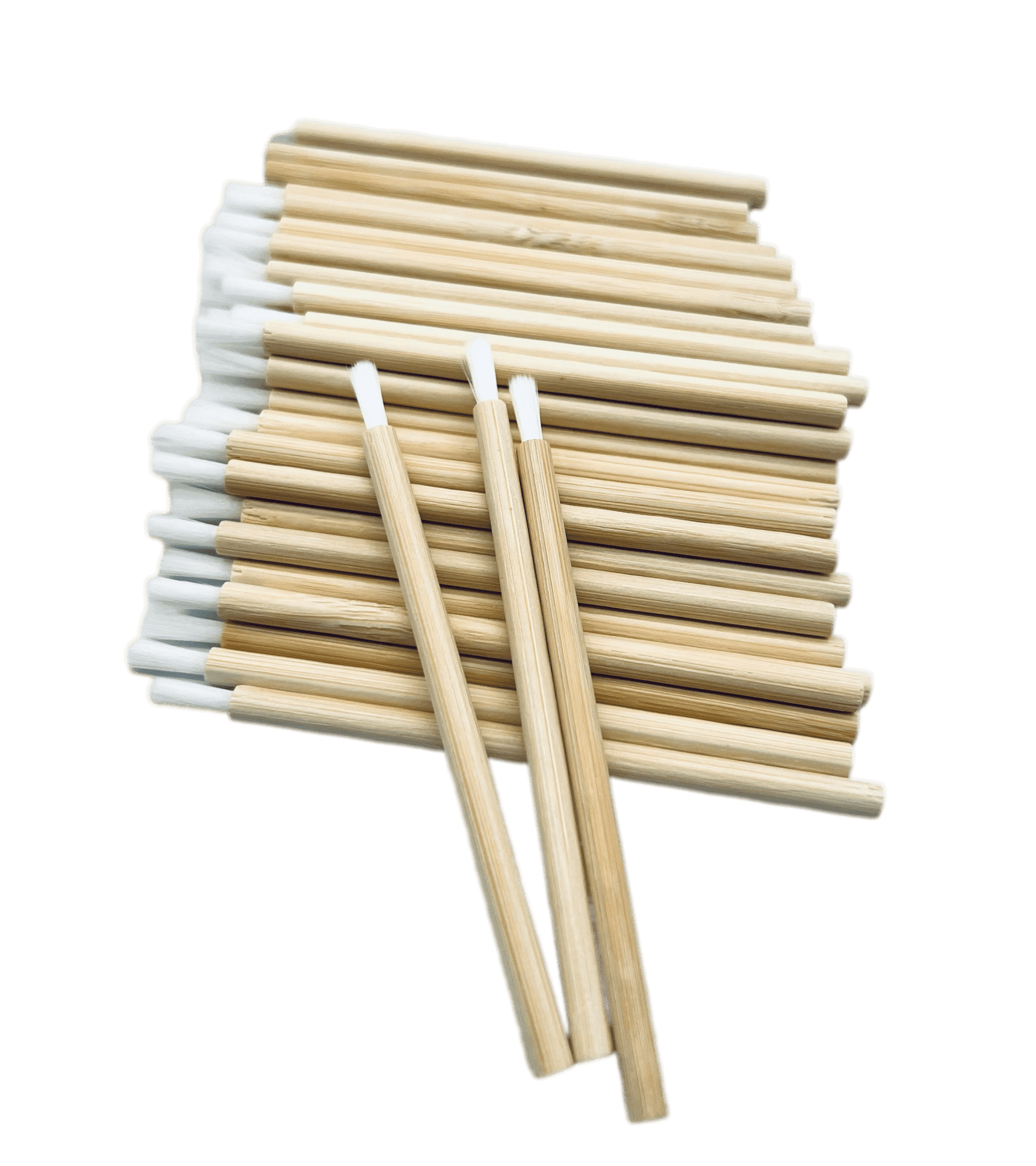 A bag of 50 professional eyelash spoolie brushes with sustainable bamboo handles for lash extension application.