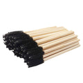 Close up of eco-friendly bamboo handle mascara wands with black synthetic bristles in a 50 piece set
