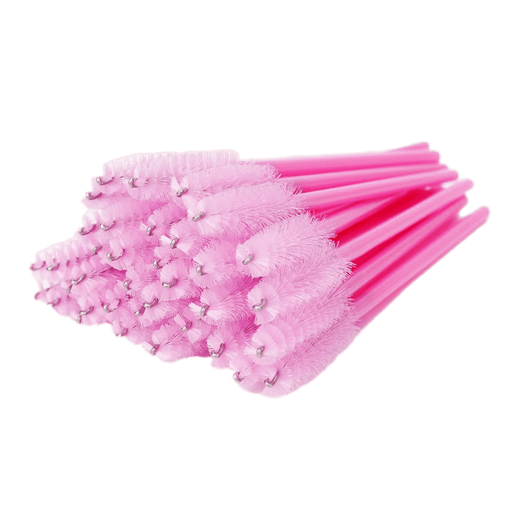 A bag of 100 pink disposable mascara wands for eyelash extensions and makeup application.