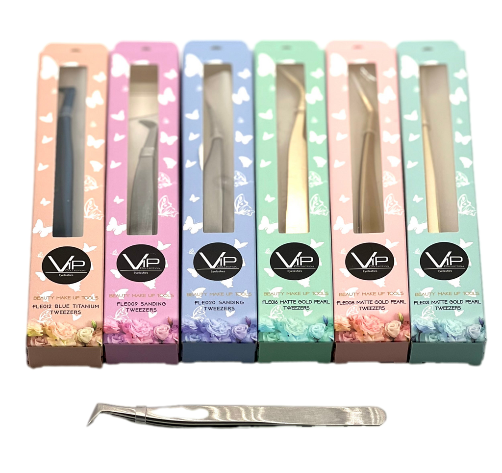 VIP-Eyelash precision tweezers with fiber tips in metallic silver, presented in floral butterfly packaging.