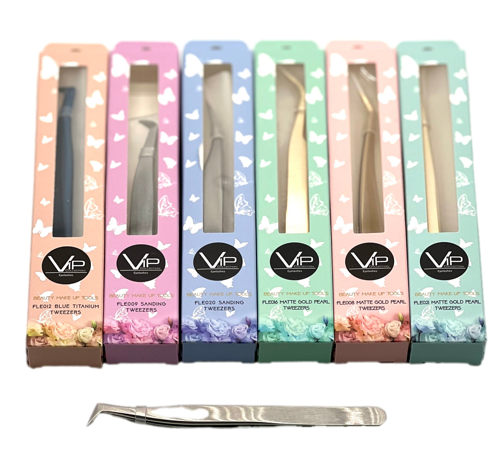 VIP-Eyelash precision tweezers with fiber tips in metallic silver, presented in floral butterfly packaging.