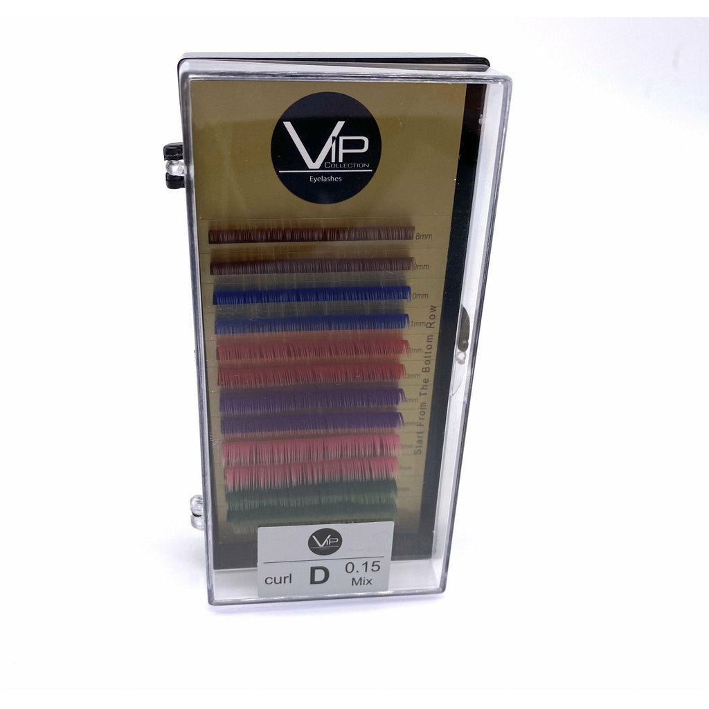 Tray of professional rainbow colored D-curl eyelash extensions with 12 lines
