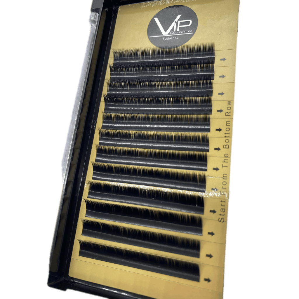 Tray of black 0.07mm B Curl faux mink lash extensions with 12 rows