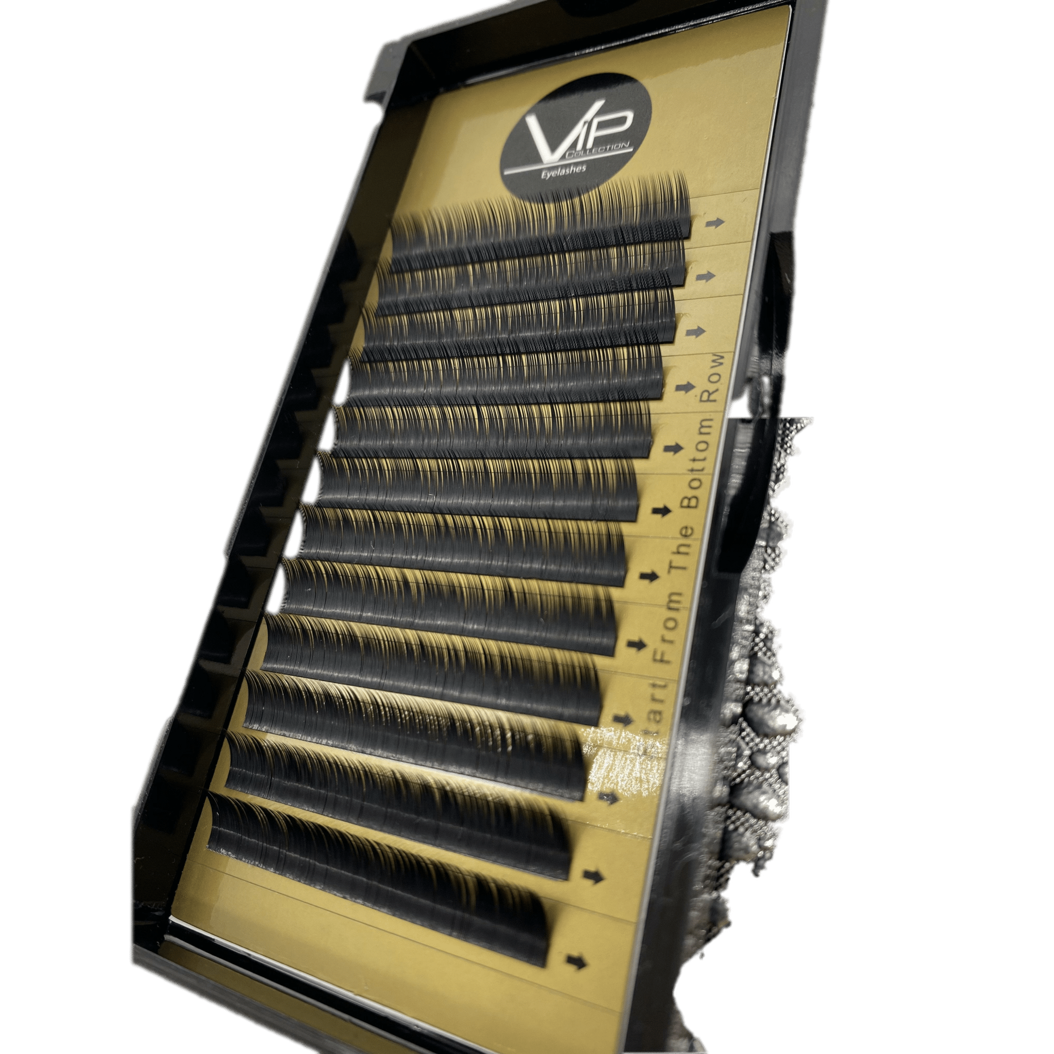VIP Collection 12-line tray of black faux mink lash extensions with J-curl.