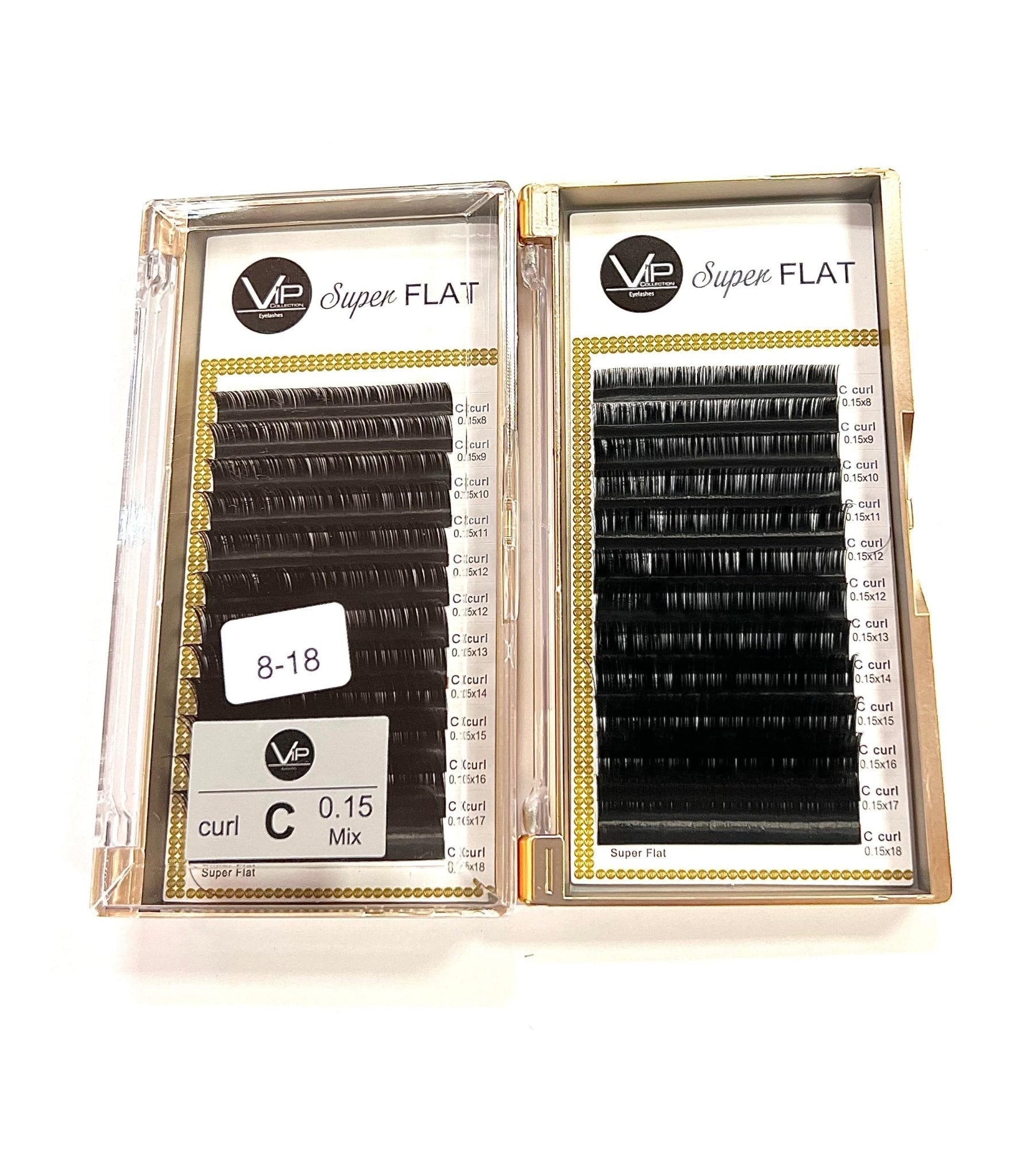 VIP Collection Super Flat Eyelash Extensions in a 12-line mix tray, 0.15mm C curl