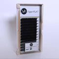 Close up of 12-line tray of professional 0.15mm D-curl black flat eyelash extensions