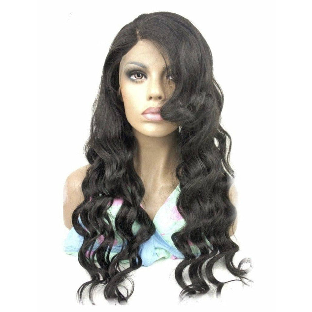 Natural black human hair full lace wig with body wave texture and high-density volume.