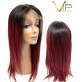 VIP Full Lace Straight Human Hair Wig with dark root to burgundy ombre coloring