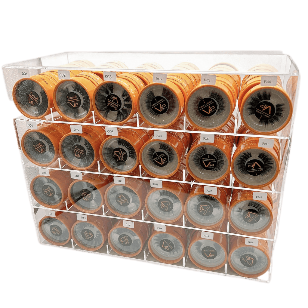 VIP i-Mink 20mm eyelash collection set with various styles displayed on a professional beauty stand.