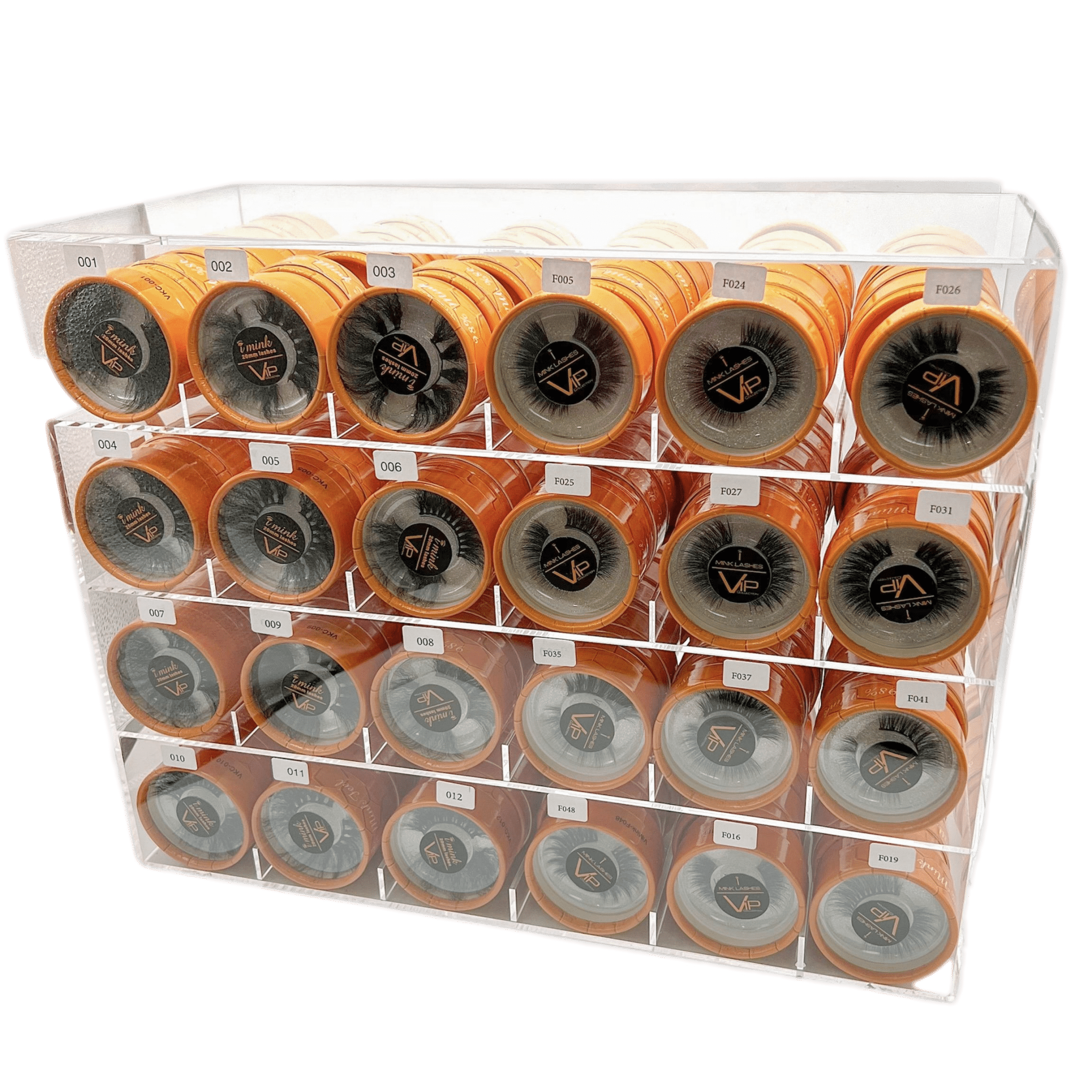 VIP i-Mink 20mm eyelash collection set with various styles displayed on a professional beauty stand.