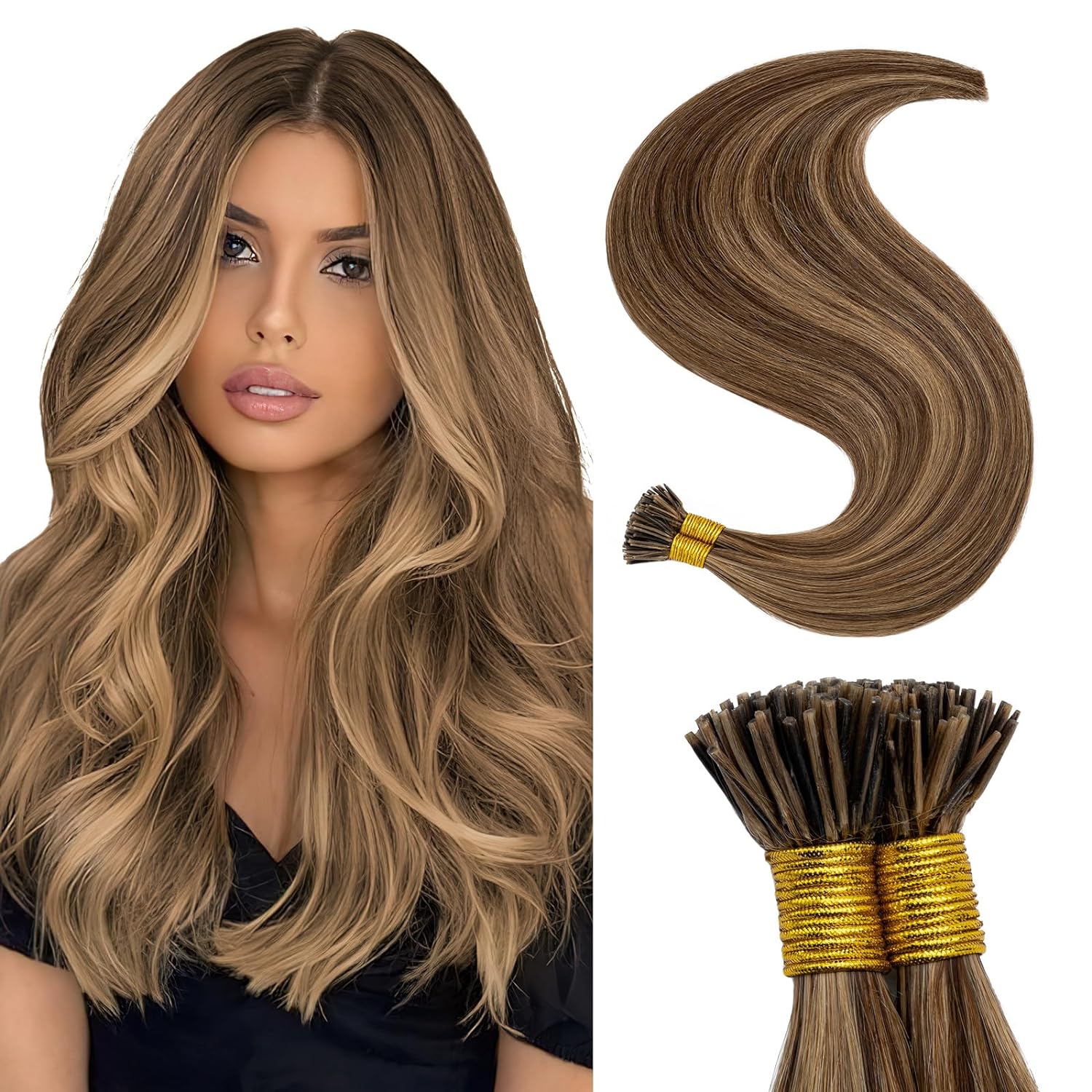 18" Human Remy Hair I-Tip Extensions Straight 100g Light-Brown Ash-Blonde