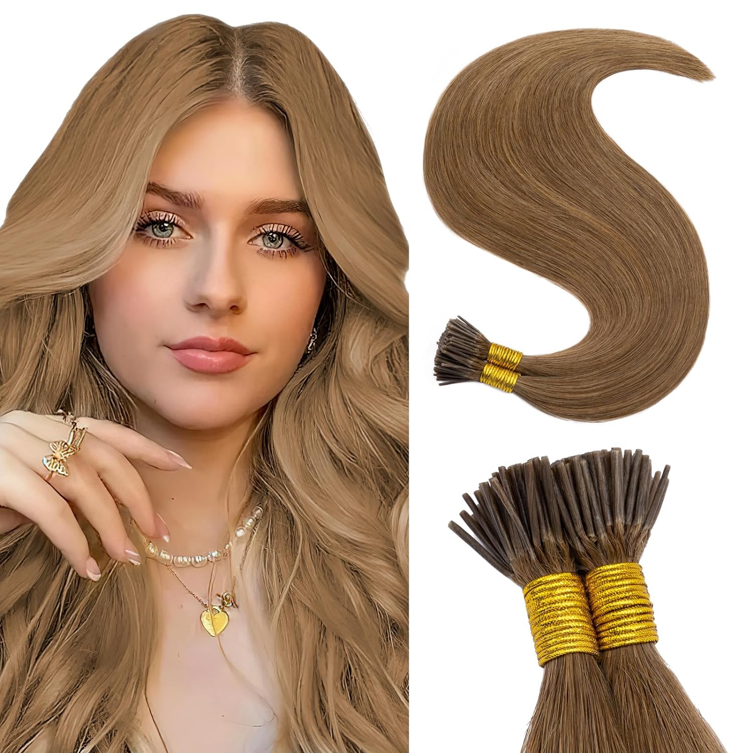 18" Human Remy Hair I-Tip Extensions Straight 100g Light-Brown Ash-Blonde
