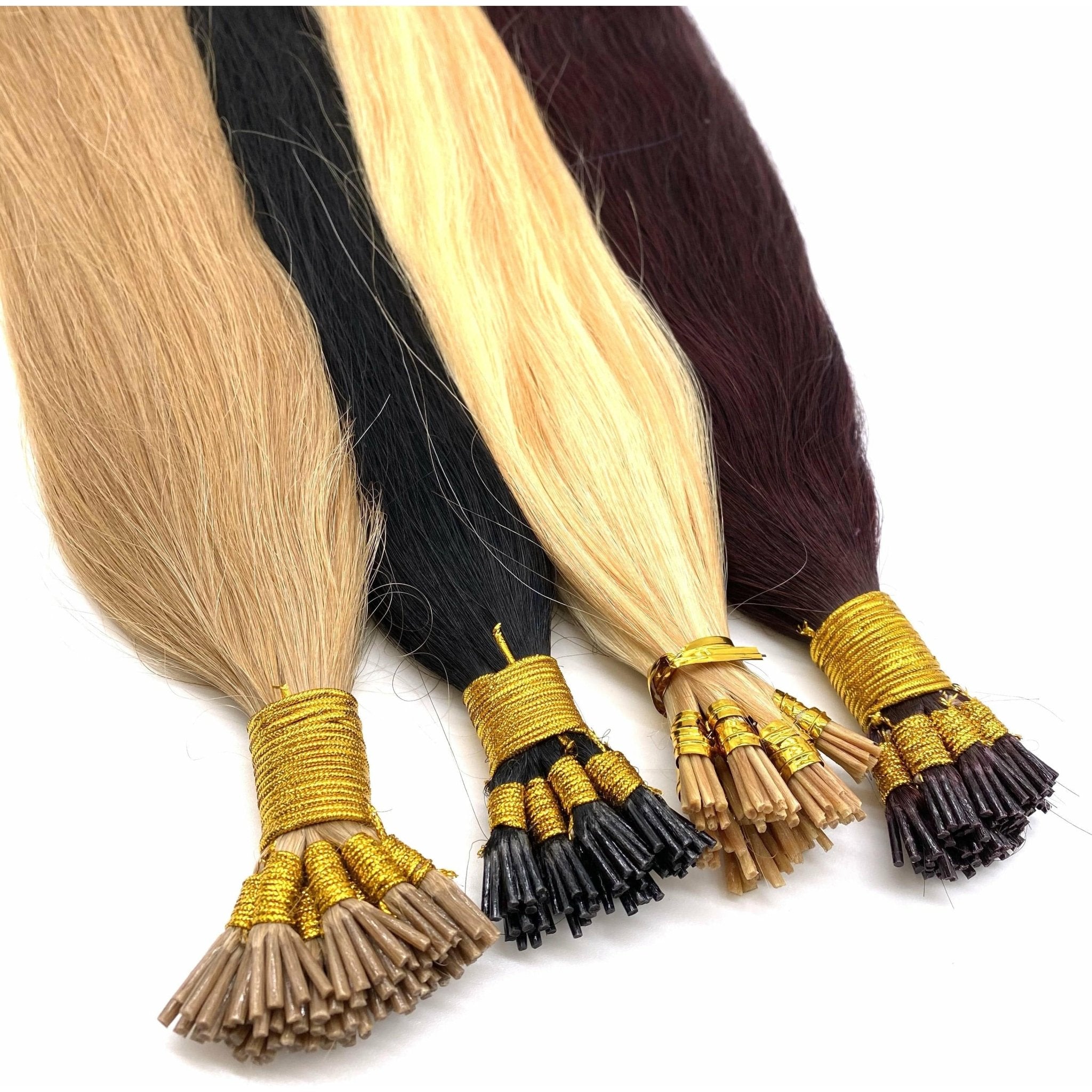 Professional 18-inch straight I-tip hair extensions in auburn and blonde shades