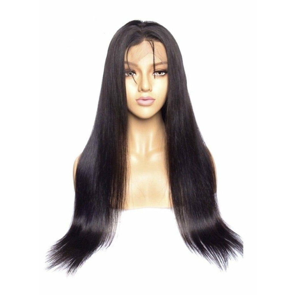 Model wearing a 180 density natural black straight human hair lace front wig