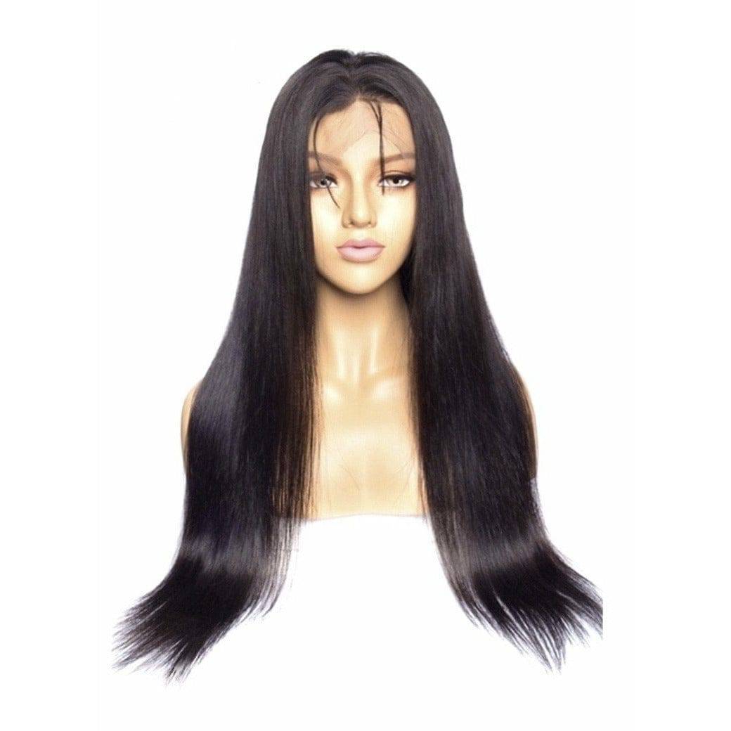 Model wearing a 180 density natural black straight human hair lace front wig